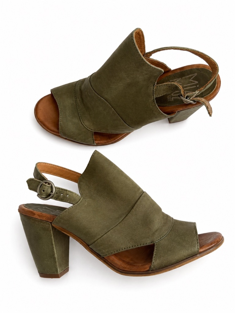 Miz Mooz Sandals Heels Sage Green Open Toe Leather Shoes size 41